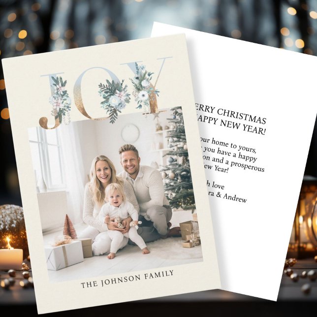 Tarjeta Festiva ¡Feliz Navidad! Foto moderna, simple (Customer specific "Joy-Merry Christmas" beige-gold, photo holiday card. )