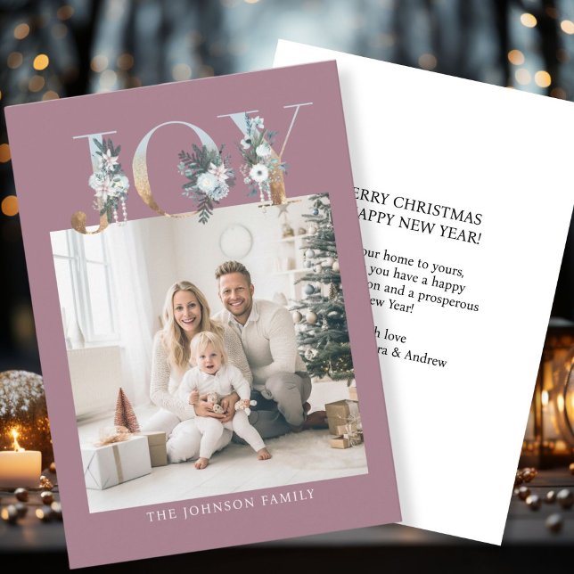Tarjeta Festiva ¡Feliz Navidad! Foto moderna, simple (Customer specific "Joy-Merry Christmas" berry-white-gold, photo holiday card. )