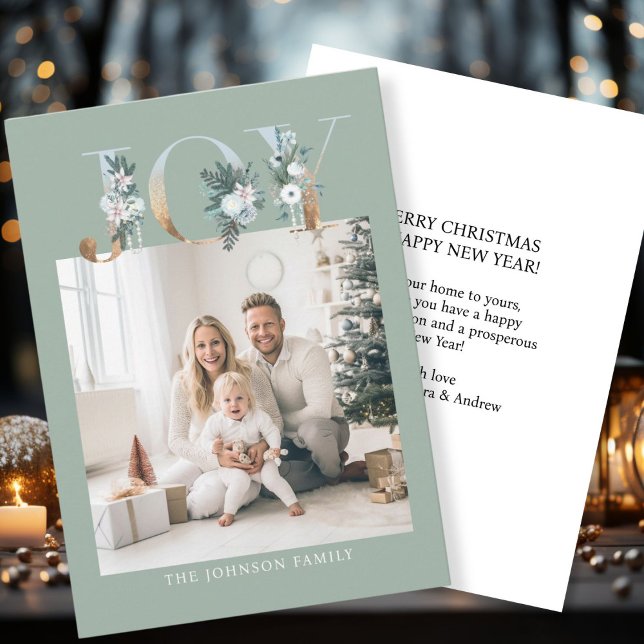 Tarjeta Festiva ¡Feliz Navidad! Foto moderna, simple (Customer specific "Joy-Merry Christmas" soft-green-gold, photo holiday card. )