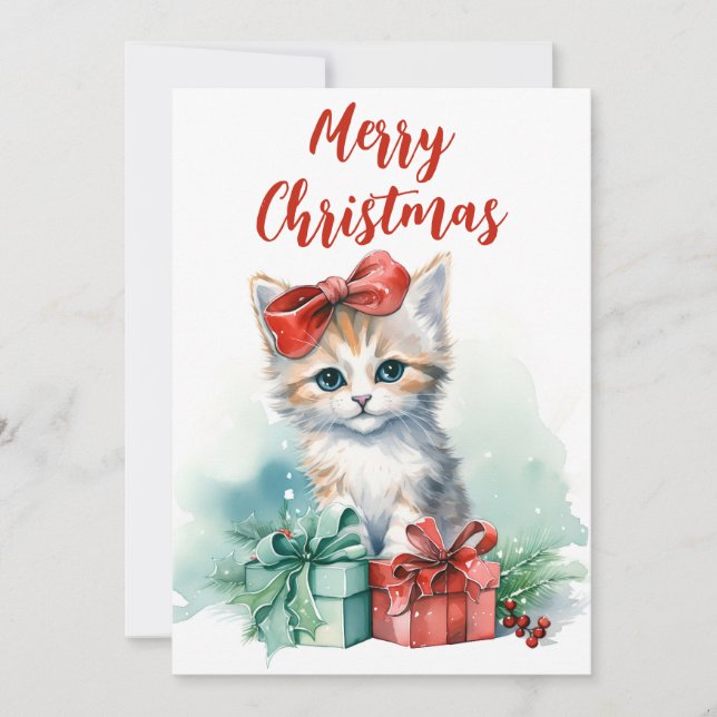 Tarjeta Festiva Feliz Navidad, gatitos y regalos para Navidades (Anverso)