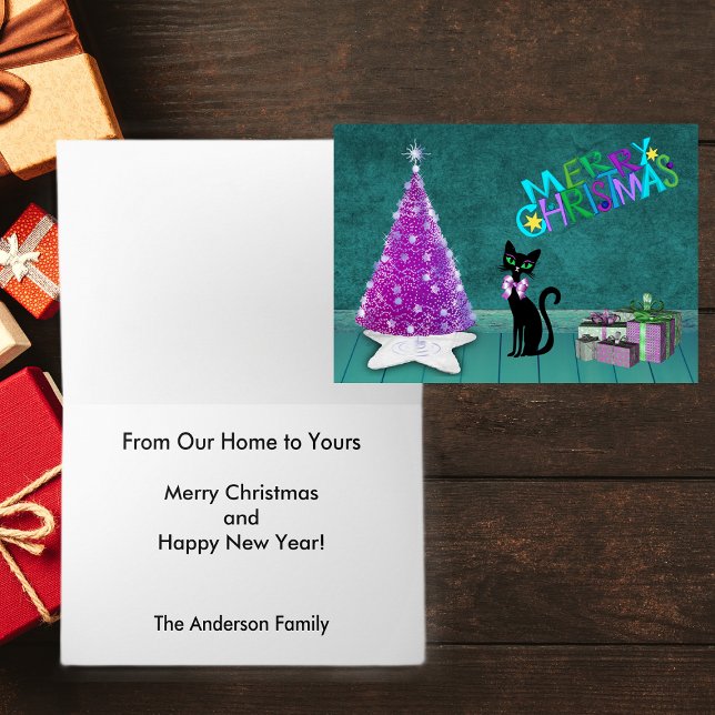 Tarjeta Festiva Feliz Navidad: Gato de árbol rosado en Verde azula (Pink silver tree black cat pink bow wrapped gifts on teal Merry Christmas greeting card.)