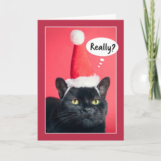 Tarjeta Festiva Feliz Navidad, gato enfurecido en el humor de Sant (Anverso)