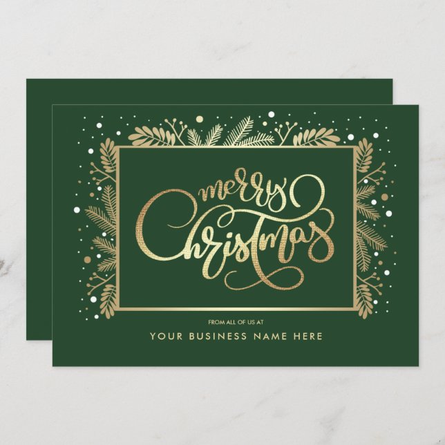 Tarjeta Festiva Feliz Navidad. Gold Pine Branks Corporate (Anverso / Reverso)