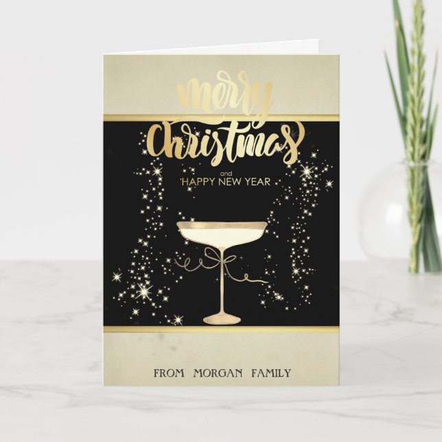 Tarjeta Festiva Feliz Navidad, Gold Stars Champagne Glass (Anverso)