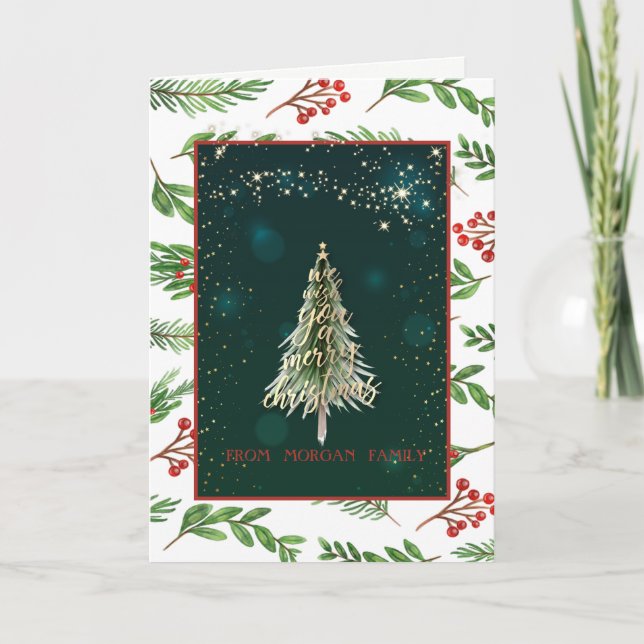 Tarjeta Festiva Feliz Navidad, Holly Berry, Pine Tree (Anverso)