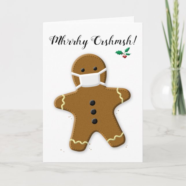 Tarjeta Festiva Feliz Navidad, hombre de pan de jengibre con másca (Anverso)