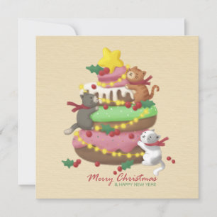 Tarjeta Festiva Feliz Navidad: Ilustracion de gatos y dulces