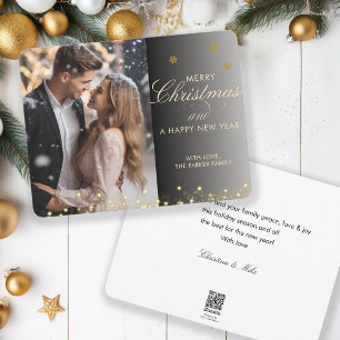 Tarjeta Festiva Feliz Navidad! Letra de guión, foto de oro negro