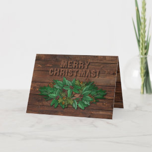 Tarjeta Festiva Feliz Navidad, Madera Rústica, Ramas De Pino