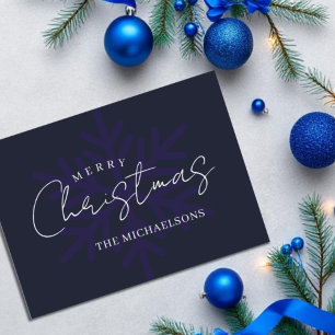Tarjeta Festiva Feliz Navidad, marina de copos de nieve azul