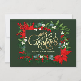 Tarjeta Festiva Feliz Navidad. Mistletoe dibujado a mano, Poinsett