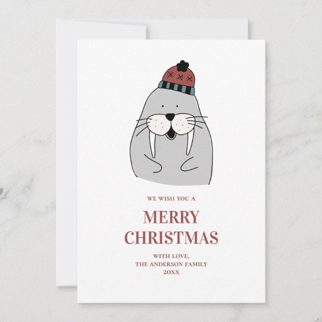 Tarjeta Festiva Feliz Navidad. Morsa de invierno. Animales diverti (Anverso)