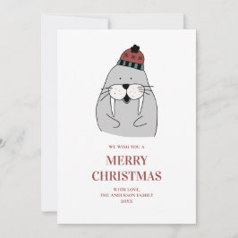 Tarjeta Festiva Feliz Navidad. Morsa de invierno. Animales diverti