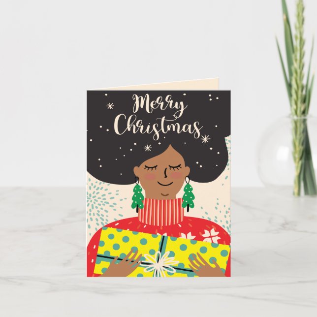 Tarjeta Festiva Feliz Navidad, mujer negra, brillante regalo de su (Anverso)