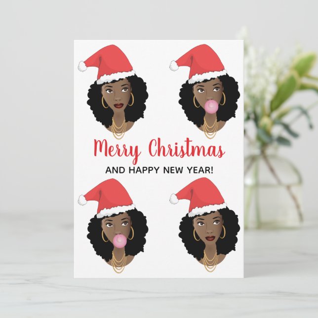 Tarjeta Festiva Feliz Navidad! Mujeres negras, Sombrero rojo (Anverso de pie)