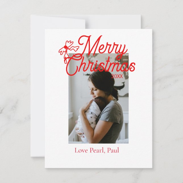 Tarjeta Festiva Feliz Navidad, niños del arco rojo foto moderna el (Anverso)