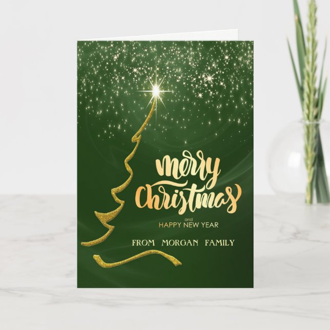 Tarjeta Festiva Feliz Navidad, Oro Árbol de Navidad, Verde (Anverso)