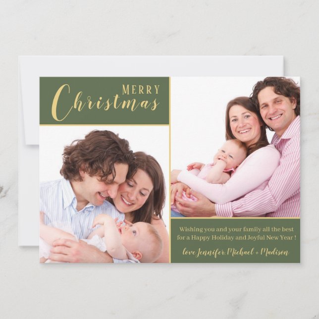 Tarjeta Festiva Feliz Navidad|Oro verde|2 Foto (Anverso)