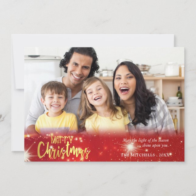 Tarjeta Festiva Feliz Navidad, oro y luces blancas en rojo (Anverso)