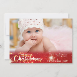 Tarjeta Festiva Feliz Navidad, oro y luces blancas en rojo