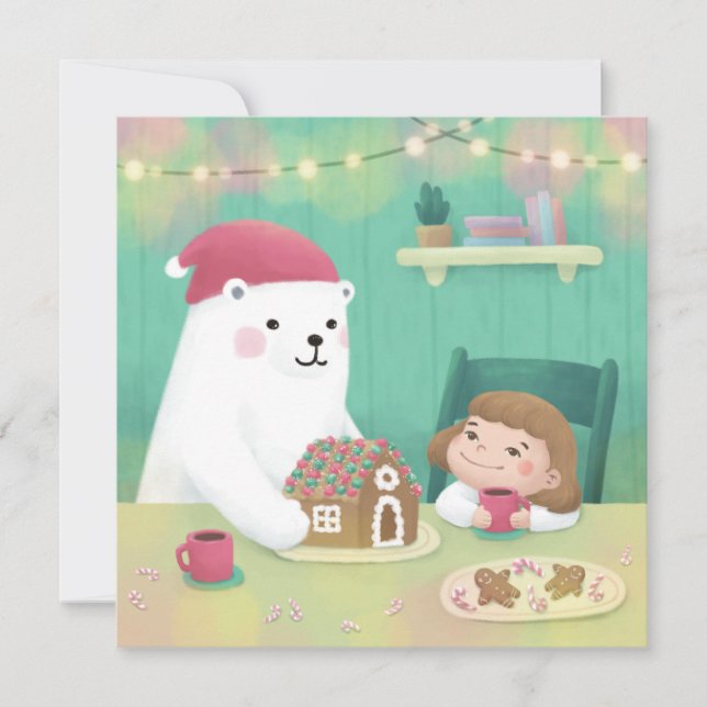 Tarjeta Festiva Feliz Navidad: Oso Polar y Niño (Anverso)