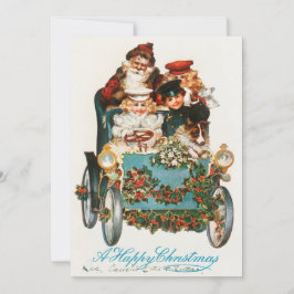 Tarjeta Festiva Feliz Navidad, Papá Noel y los niños conducen un a