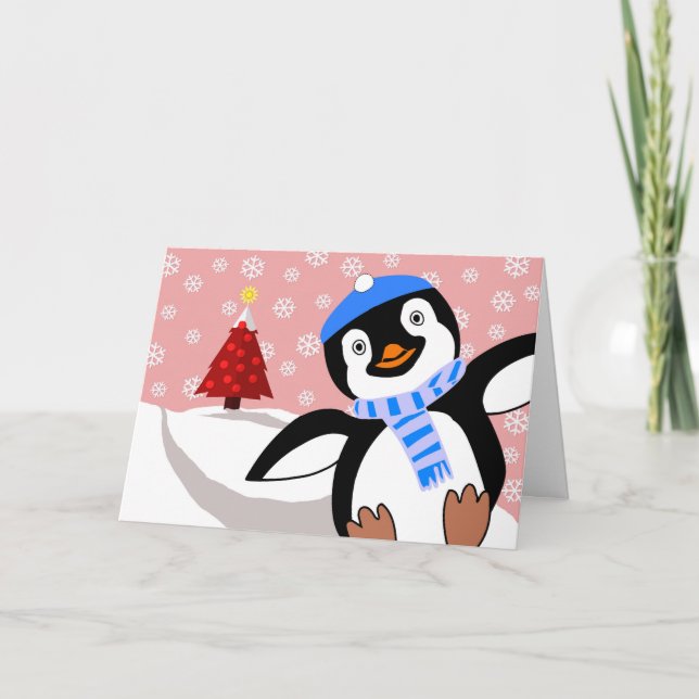 Tarjeta Festiva Feliz Navidad, Penguin deslizándose cuesta abajo (Anverso)