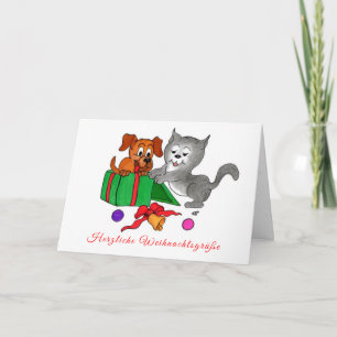 Tarjeta Festiva Feliz Navidad, perro y gato en alemán