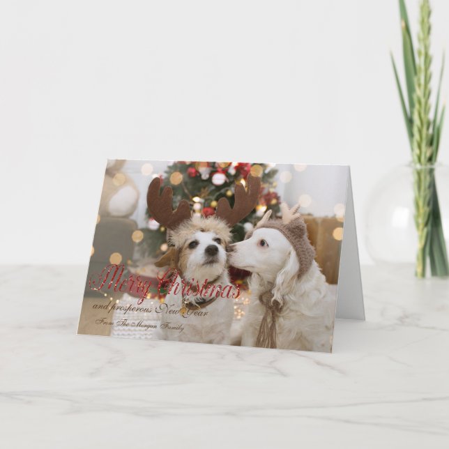Tarjeta Festiva Feliz Navidad, perros enamorados (Anverso)
