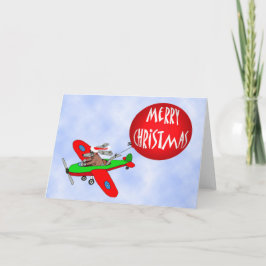 Tarjeta Festiva Feliz Navidad, piloto de perros en avión con globo