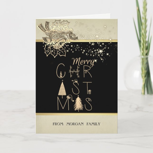 Tarjeta Festiva Feliz Navidad, Pine Tree, Stars, Bell (Anverso)