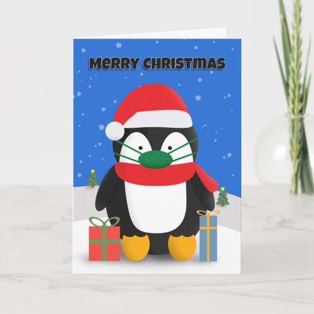 Tarjeta Festiva Feliz Navidad, pingüino en una máscara de la cara  (Anverso)