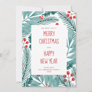 Tarjeta Festiva Feliz Navidad. Pinos de invierno acuáticos y flora