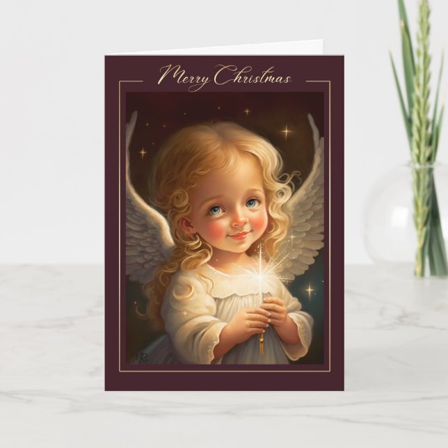 Tarjeta Festiva Feliz Navidad. Pintura de pequeño ángel (Anverso)