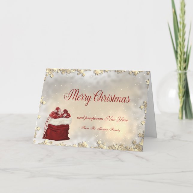 Tarjeta Festiva Feliz Navidad, regalos, estrellas de oro (Anverso)