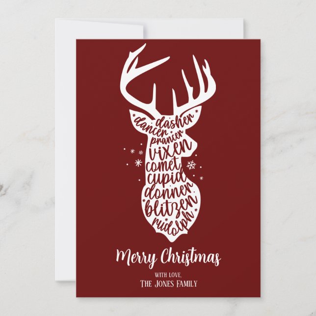Tarjeta Festiva Feliz Navidad, renos de Santa Claus, rojo oscuro (Anverso)