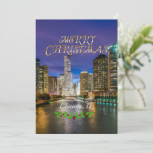Tarjeta Festiva Feliz Navidad, río Chicago al atardecer