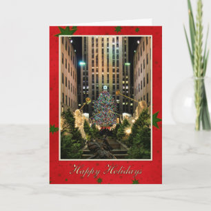 Tarjeta Festiva Feliz Navidad: Rock Center, cielo estrellado rojo
