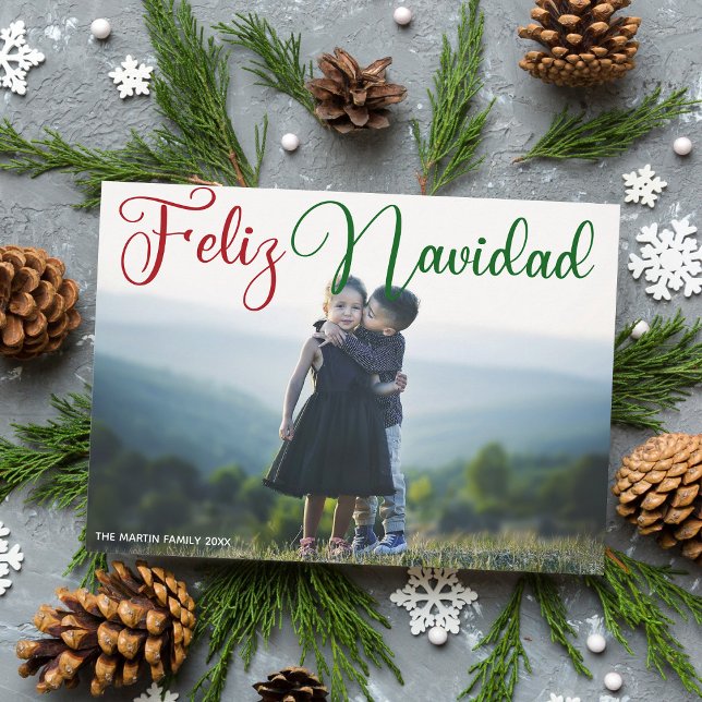 Tarjeta Festiva Feliz Navidad, rojo guión verde foto en español (Subido por el creador)