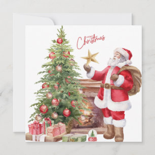 Tarjeta Festiva Feliz Navidad, Santa Color de Agua, Árbol de Navid