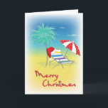 Tarjeta Festiva Feliz Navidad, Santa Hat, Palm Tree Beach<br><div class="desc">Divertida y colorida Feliz Navidad con Santa Hat,  Palm Tree,  Beach Chair y Ilustracion de paraguas por Inge Lewis. Puede personalizar esta tarjeta con su propio texto haciendo clic en el "botón Personalizar". Encontrar más elementos coincidentes en la tienda ingeinc.com.</div>