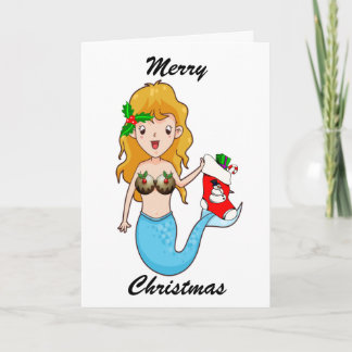Tarjeta Festiva Feliz Navidad, Sirenita Azul Con Estacionamiento