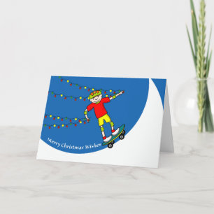 Tarjeta Festiva Feliz Navidad, Skateboarder con luces