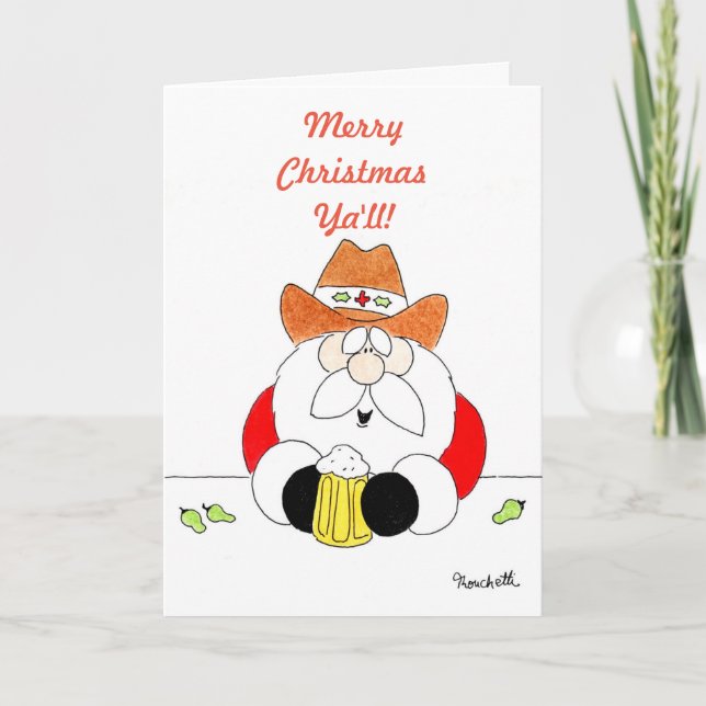 Tarjeta Festiva Feliz Navidad, Texas Santa con cerveza (Anverso)
