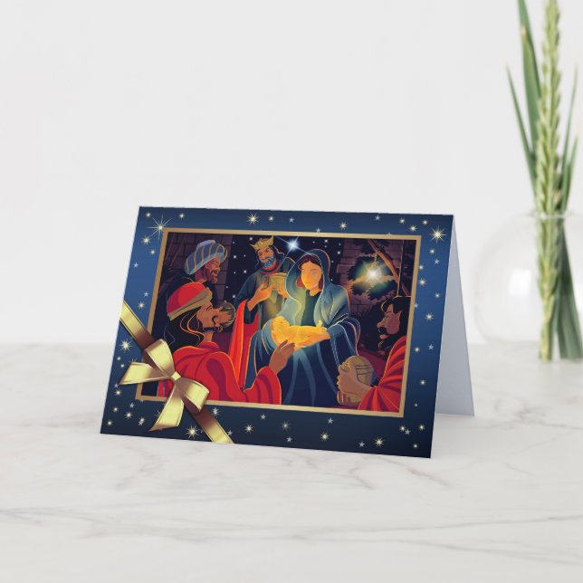 Tarjeta Festiva Feliz Navidad. Tres sabios (Anverso)