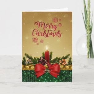 Tarjeta Festiva Feliz Navidad, Vela de Lazo Rojo, Ramas de Pino