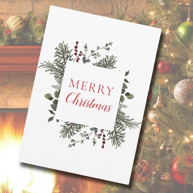 Tarjeta Festiva Feliz Navidad, verde acuarela sin foto (Merry Christmas Non-Photo Watercolor Greenery Christmas Card)