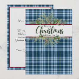 Tarjeta Festiva "Feliz Navidad" Vintage Azul Cuadro de Gingham