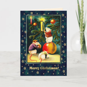 Tarjeta Festiva Feliz Navidad. Vintage Funny Mice