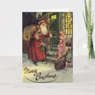 Tarjeta Festiva Feliz Navidad, Vintage, Santa y Angels